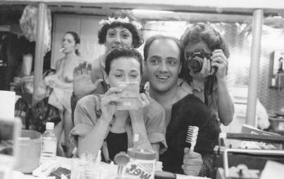 Michelle (with cigarette), the author, the makeup artist, Barbara Nitke (with camera), and actor Damien Cashmere, as shot in a makeup mirror, behind the scenes at Every Body (Photo courtesy of Barbara Nitke)