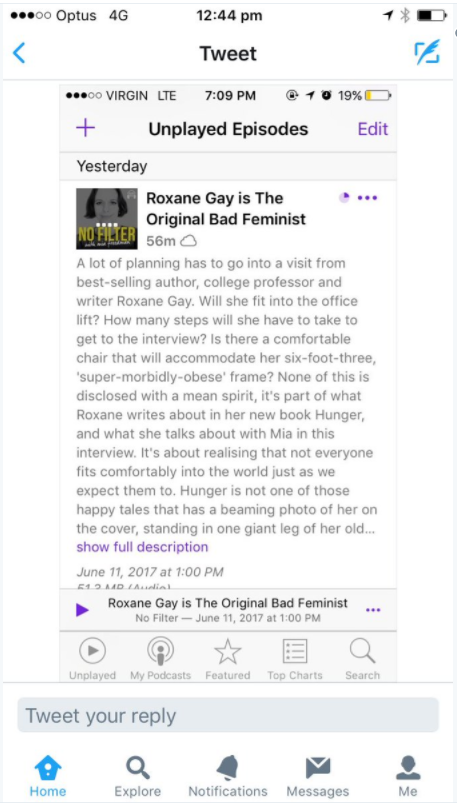 The podcast description of Roxane Gay's interview with Mammamia co-founder Mia Freedman
