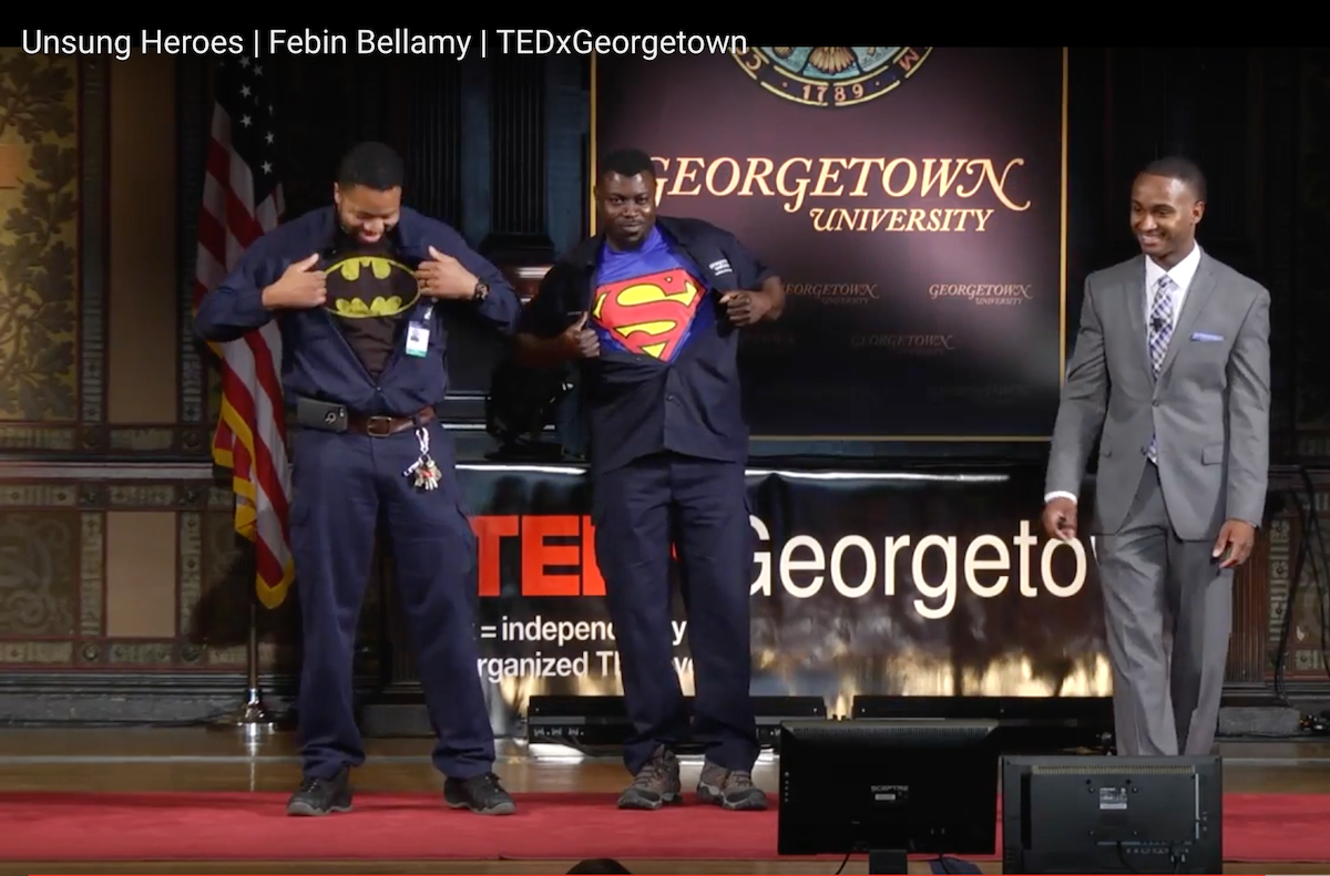 Febin Bellamy and two of Georgetown University’s Unsung Heroes at an on-campus TED Talk.