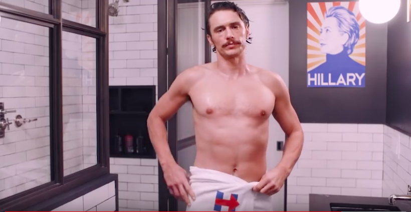 James Franco, in a towel, #withher. (Image: Youtube) 