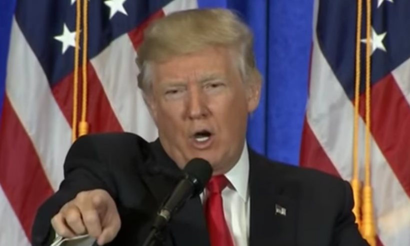 Screenshot taken from press conference footage in which Donald Trump tells a CNN reporter that he is "fake news." Very professional.