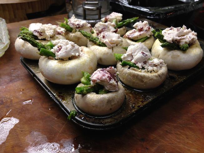 Tamarah's Gluten Free Stuffed Mushrooms with Goat Cheese, Bacon, and Asparagus 