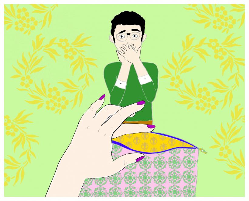 I went to pack our things and caught my mom ruffling through my toiletries bag. (Artwork: Tess Emily Rodriguez) I went to pack our things and caught my mom ruffling through my toiletries bag. (Artwork: Tess Emily Rodriguez)