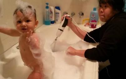 Max! In the bath! With bubbles!